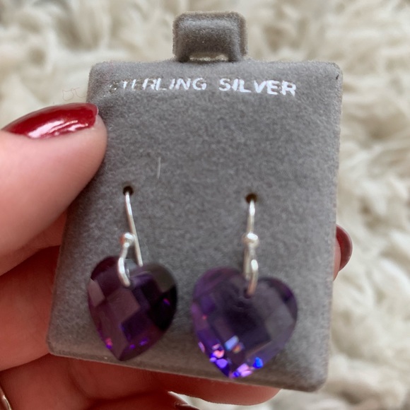 Purple Crystal Heart Sterling Silver Earrings - Picture 2 of 5
